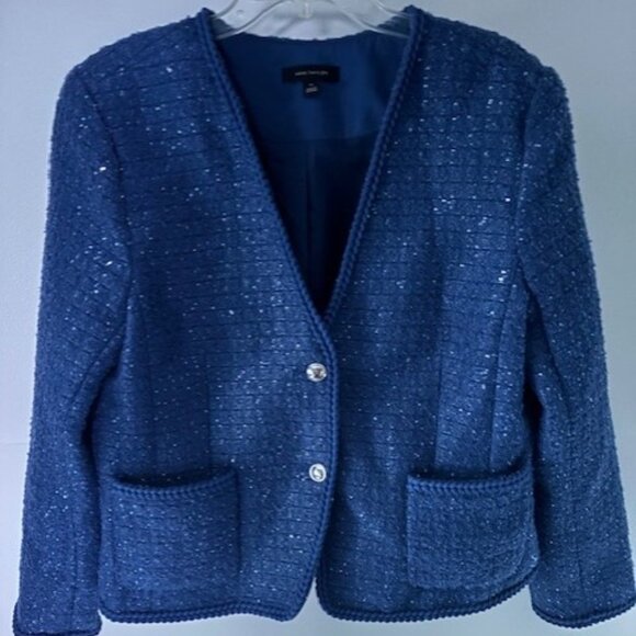 Ann Taylor Jacket Blue 14 Long Sleeve 2 Button Metallic Sparkle Fringe Classic - Picture 1 of 6